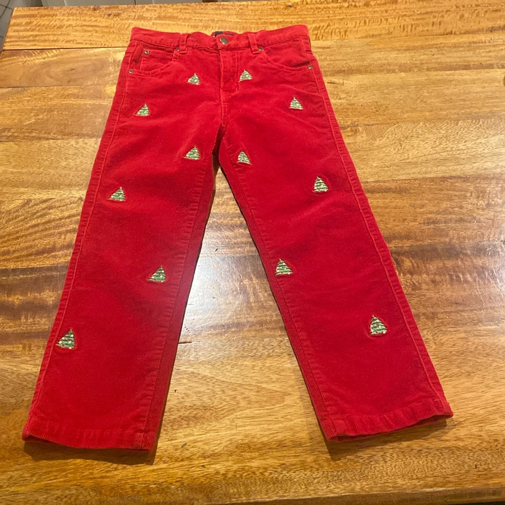 E.L.K. Red Corduroy Embroidered Trees Holiday Pants Size 7